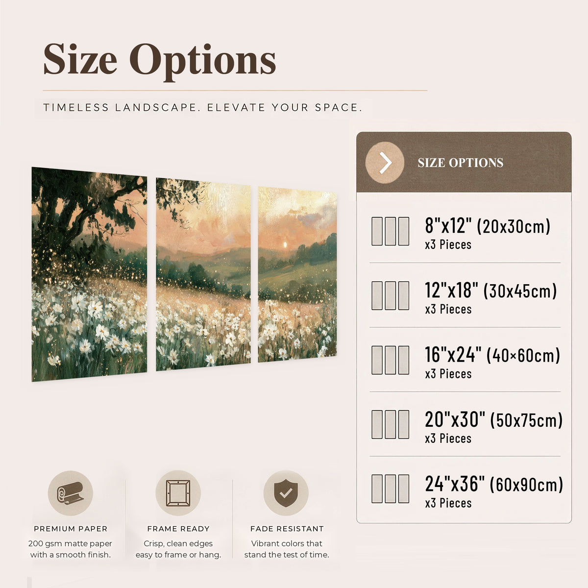 White daisy meadow sunset painting set of 3 poster prints size options