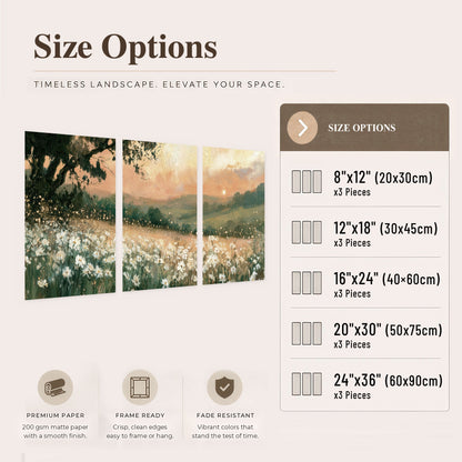 White daisy meadow sunset painting set of 3 poster prints size options