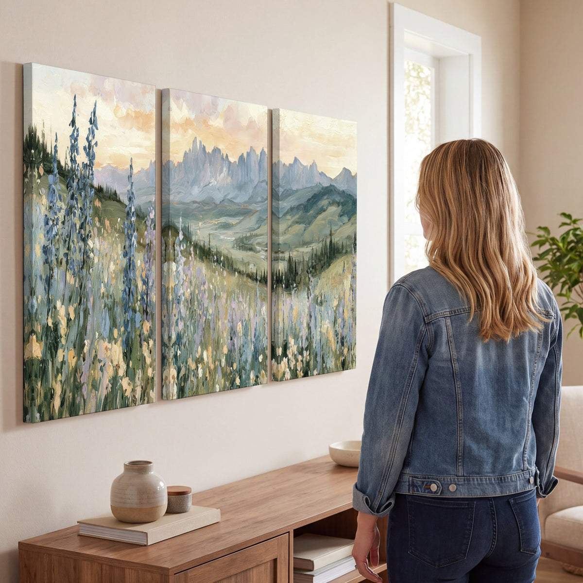 Mountain wildflower valley painting 3 piece canvas wall art in a living room