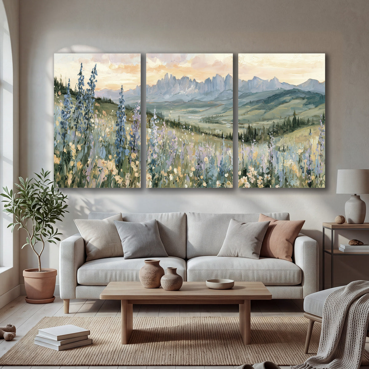 Mountain wildflower valley painting 3 piece canvas wall art in a bright living room