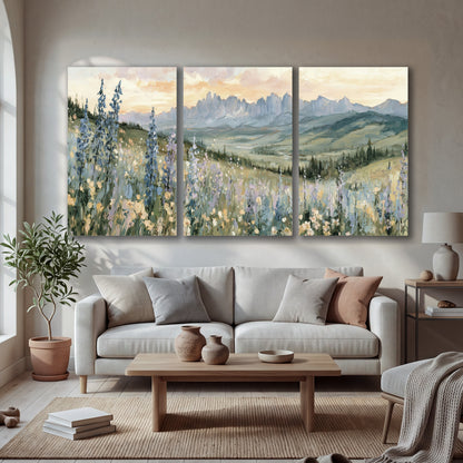 Mountain wildflower valley painting 3 piece canvas wall art in a bright living room