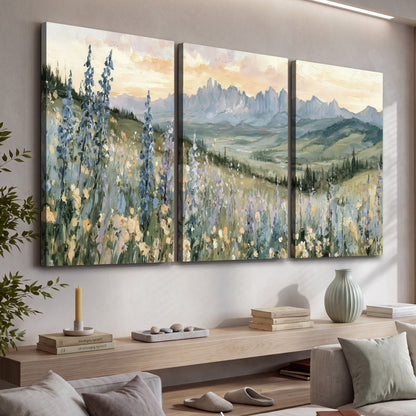 Mountain wildflower valley painting 3 piece canvas wall art in a living room above a console