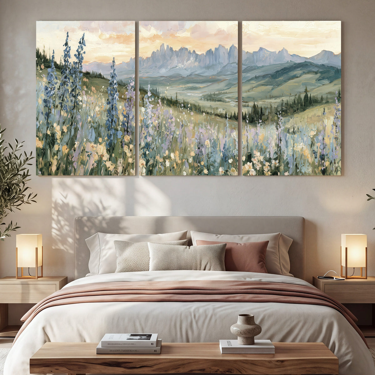 Mountain wildflower valley painting 3 piece canvas wall art in a bedroom above the bed