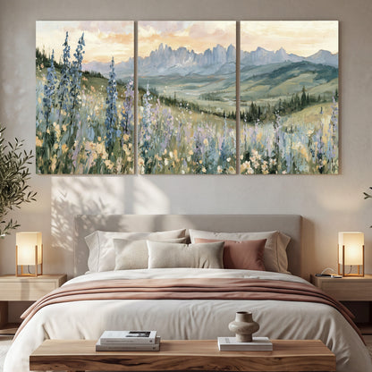 Mountain wildflower valley painting 3 piece canvas wall art in a bedroom above the bed
