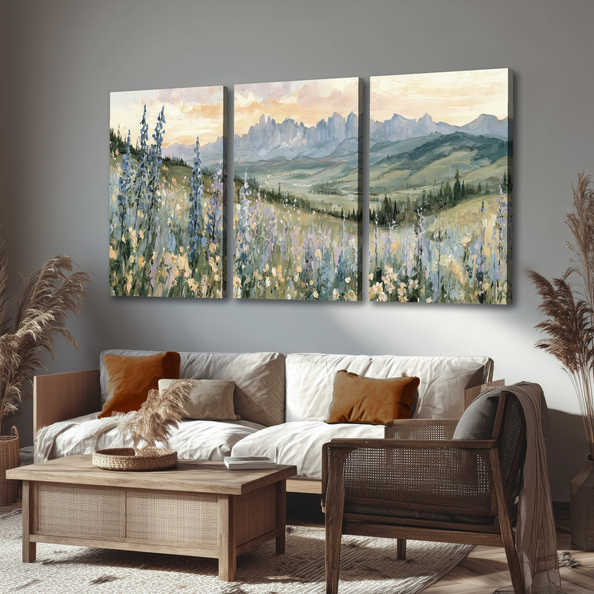 Mountain wildflower valley painting 3 piece canvas wall art in a rustic living room