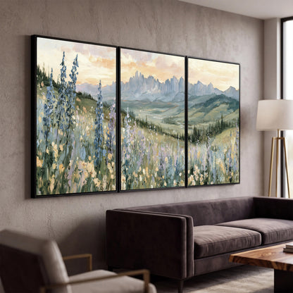 Mountain wildflower valley painting 3 piece canvas wall art in a modern living room