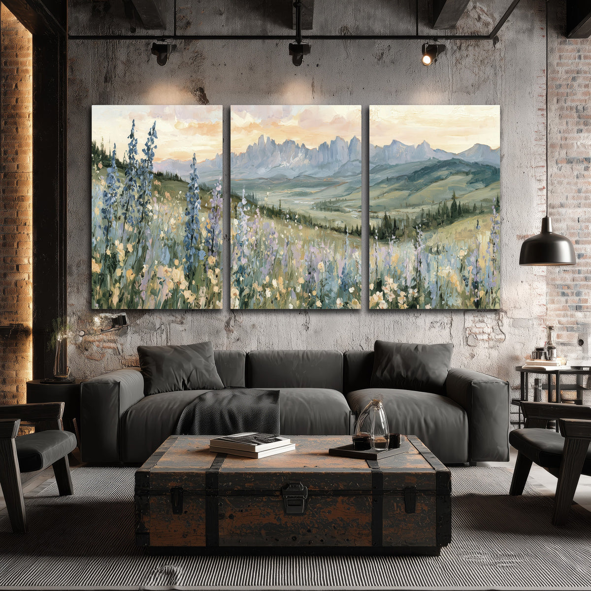 Mountain wildflower valley painting 3 piece canvas wall art in an industrial loft