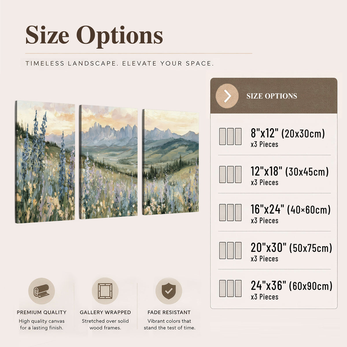 Mountain wildflower valley painting 3 piece canvas wall art size options