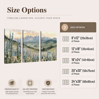 Mountain wildflower valley painting 3 piece canvas wall art size options