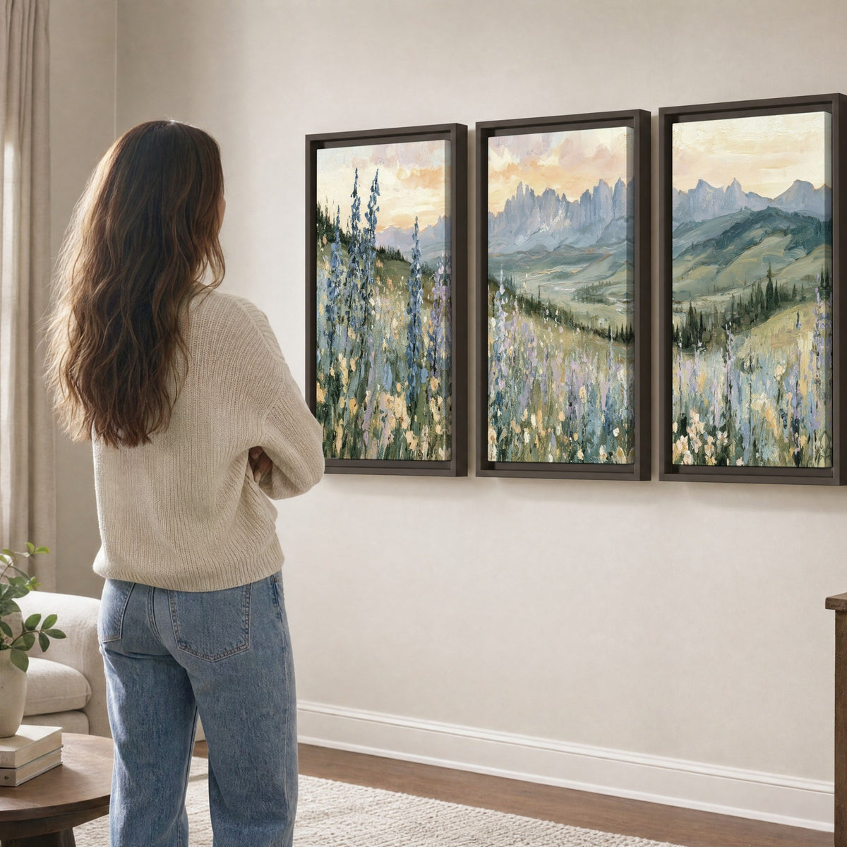 Mountain wildflower valley painting 3 piece framed canvas in a living room