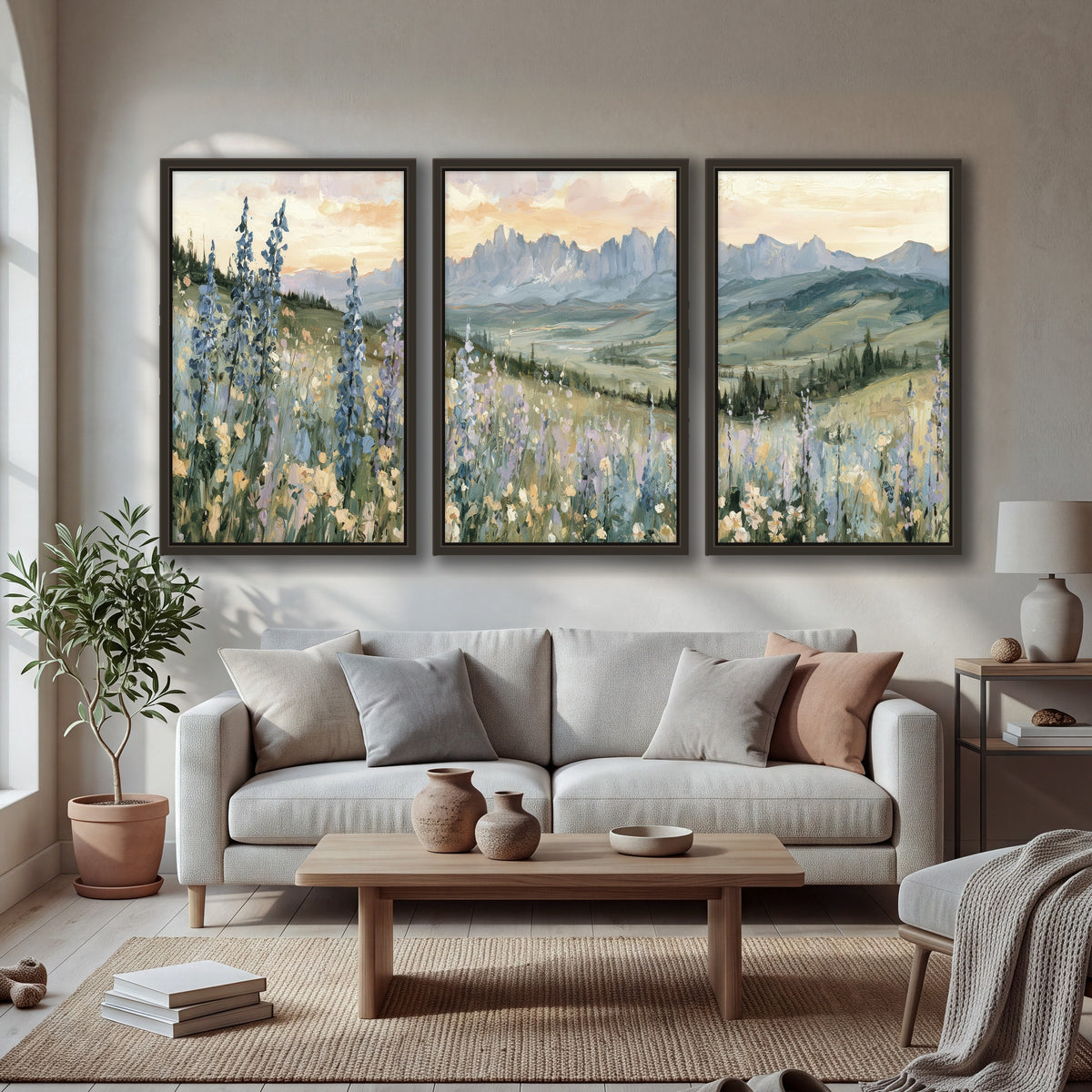 Mountain wildflower valley painting 3 piece framed canvas in a bright living room