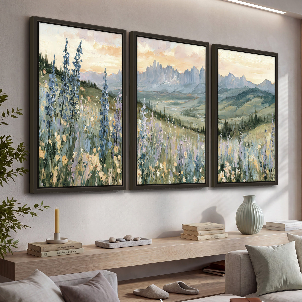 Mountain wildflower valley painting 3 piece framed canvas in a living room above a console