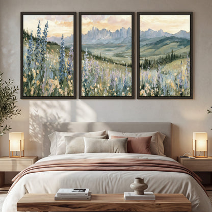 Mountain wildflower valley painting 3 piece framed canvas in a bedroom above the bed