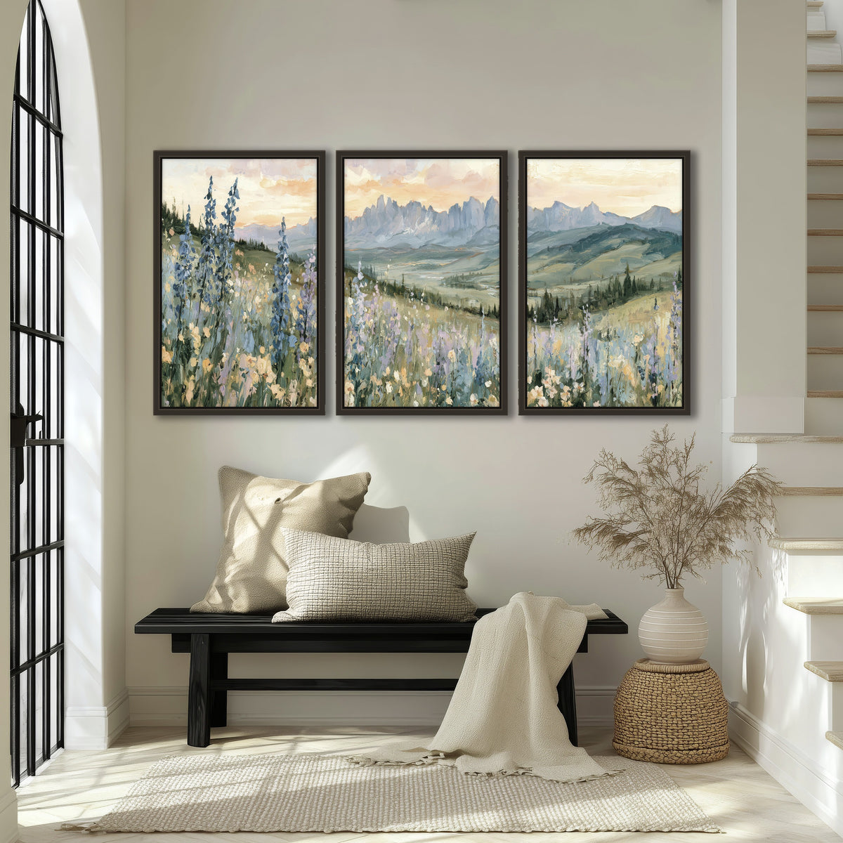 Mountain wildflower valley painting 3 piece framed canvas in an entryway above a bench