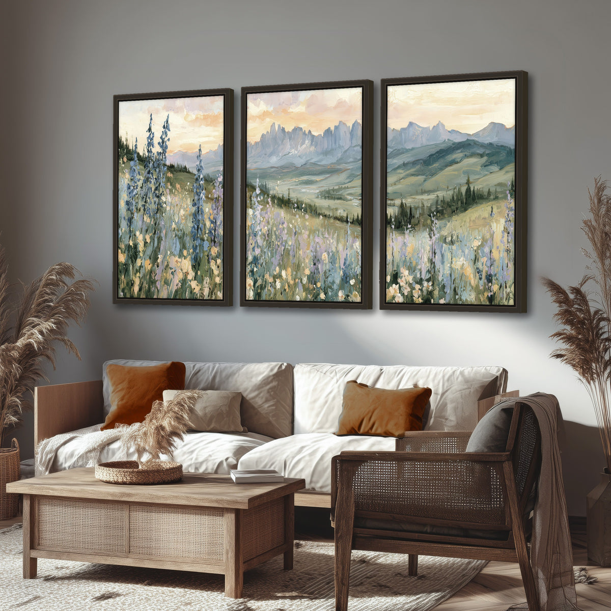 Mountain wildflower valley painting 3 piece framed canvas in a rustic living room