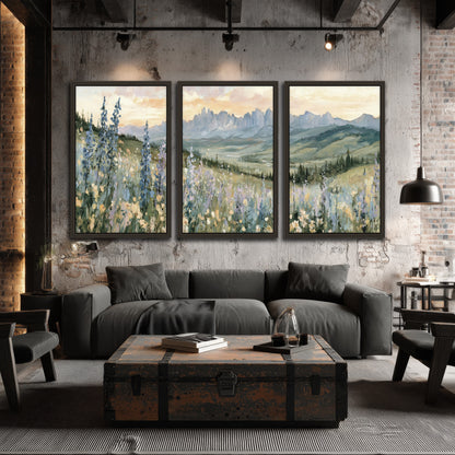 Mountain wildflower valley painting 3 piece framed canvas in an industrial loft