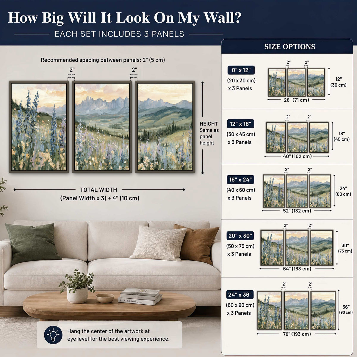 Mountain wildflower valley painting 3 piece framed canvas size guide above a sofa