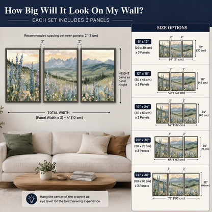 Mountain wildflower valley painting 3 piece framed canvas size guide above a sofa