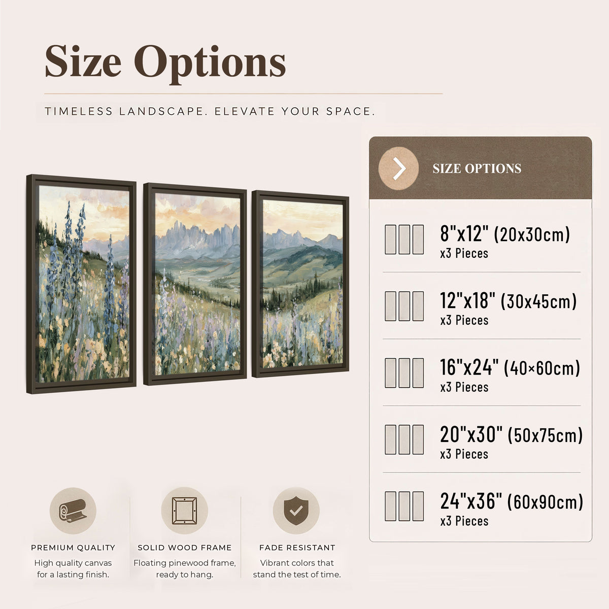 Mountain wildflower valley painting 3 piece framed canvas size options