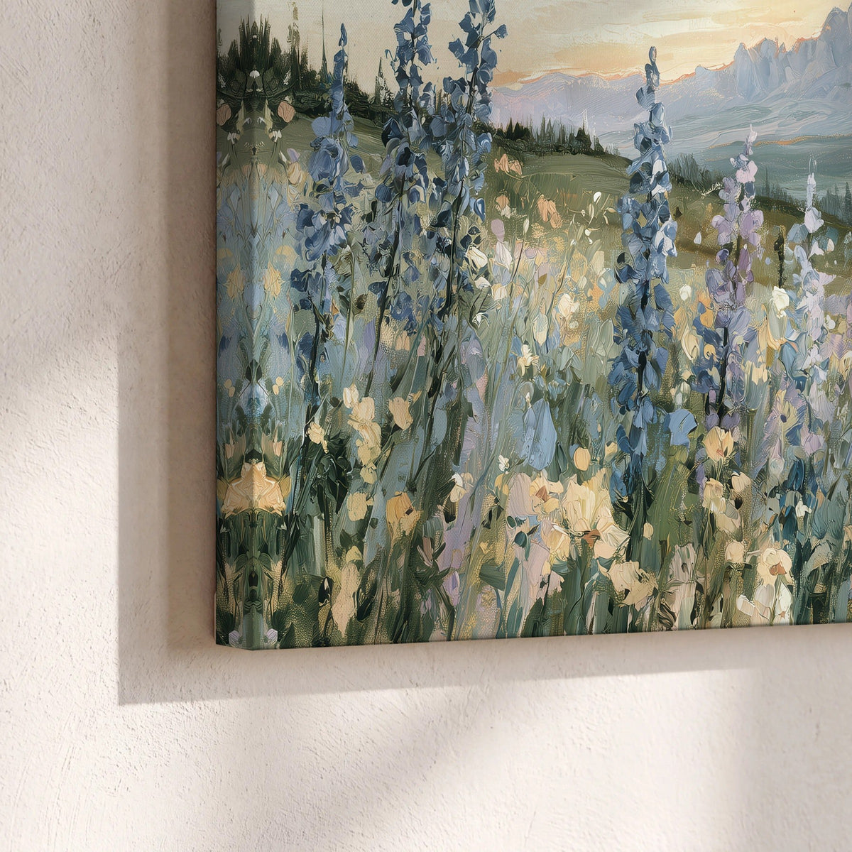 Mountain wildflower valley painting canvas print close-up showing the gallery-wrapped edge