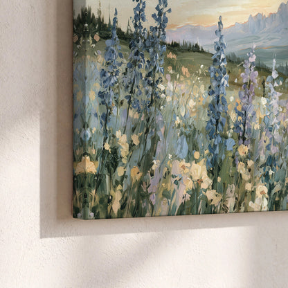 Mountain wildflower valley painting canvas print close-up showing the gallery-wrapped edge