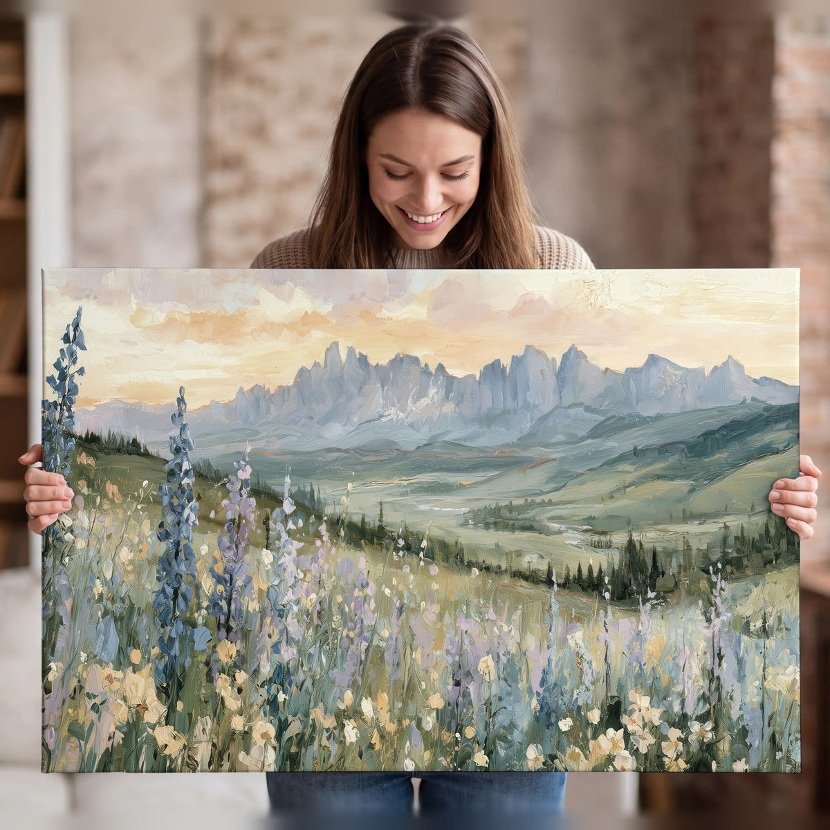 Mountain wildflower valley painting canvas wall art held in hands