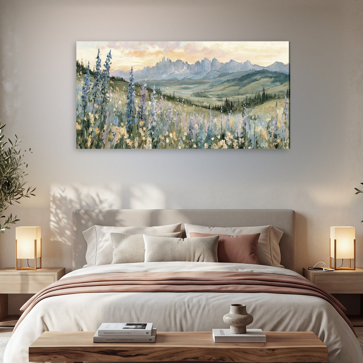 Mountain wildflower valley painting canvas wall art in a bedroom above the bed