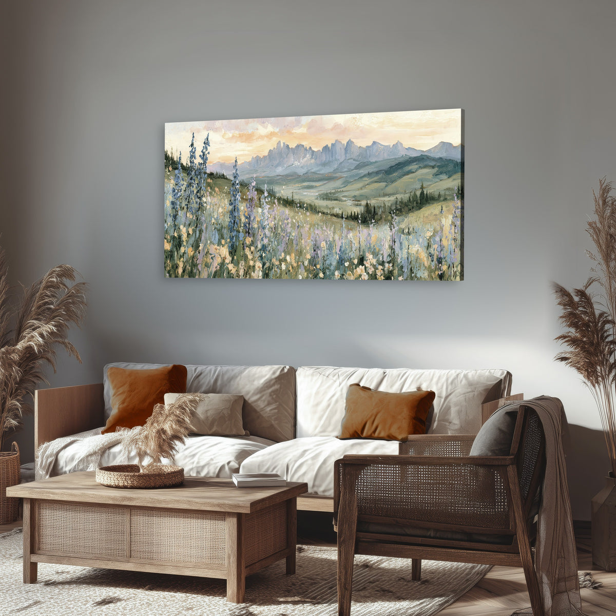 Mountain wildflower valley painting canvas wall art in a rustic living room