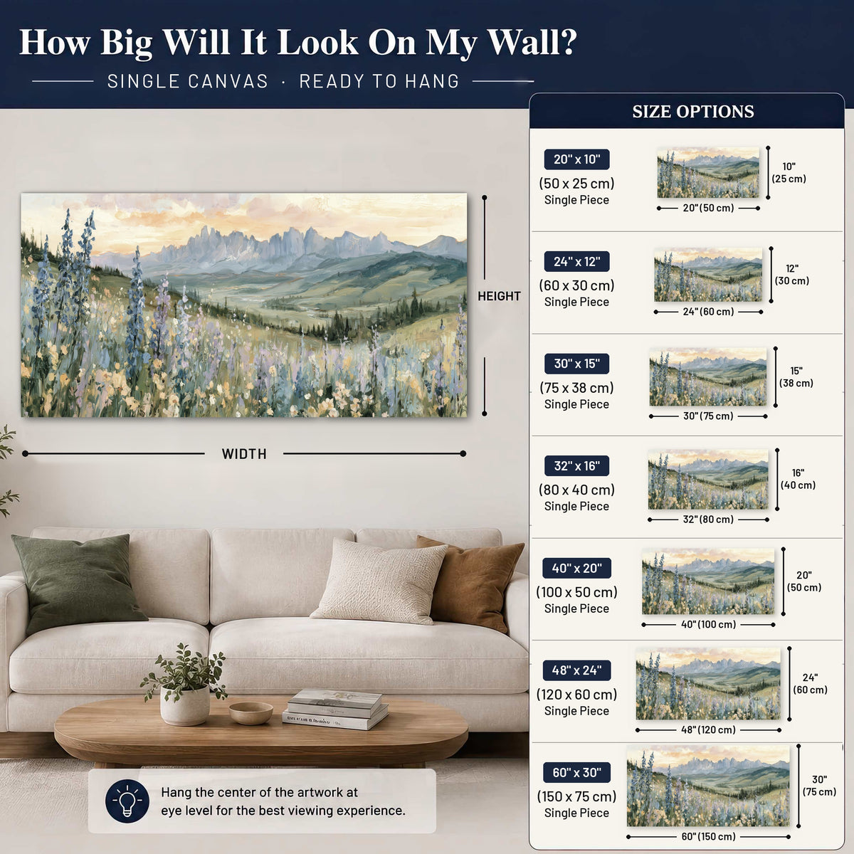 Mountain wildflower valley painting canvas wall art size guide above a sofa