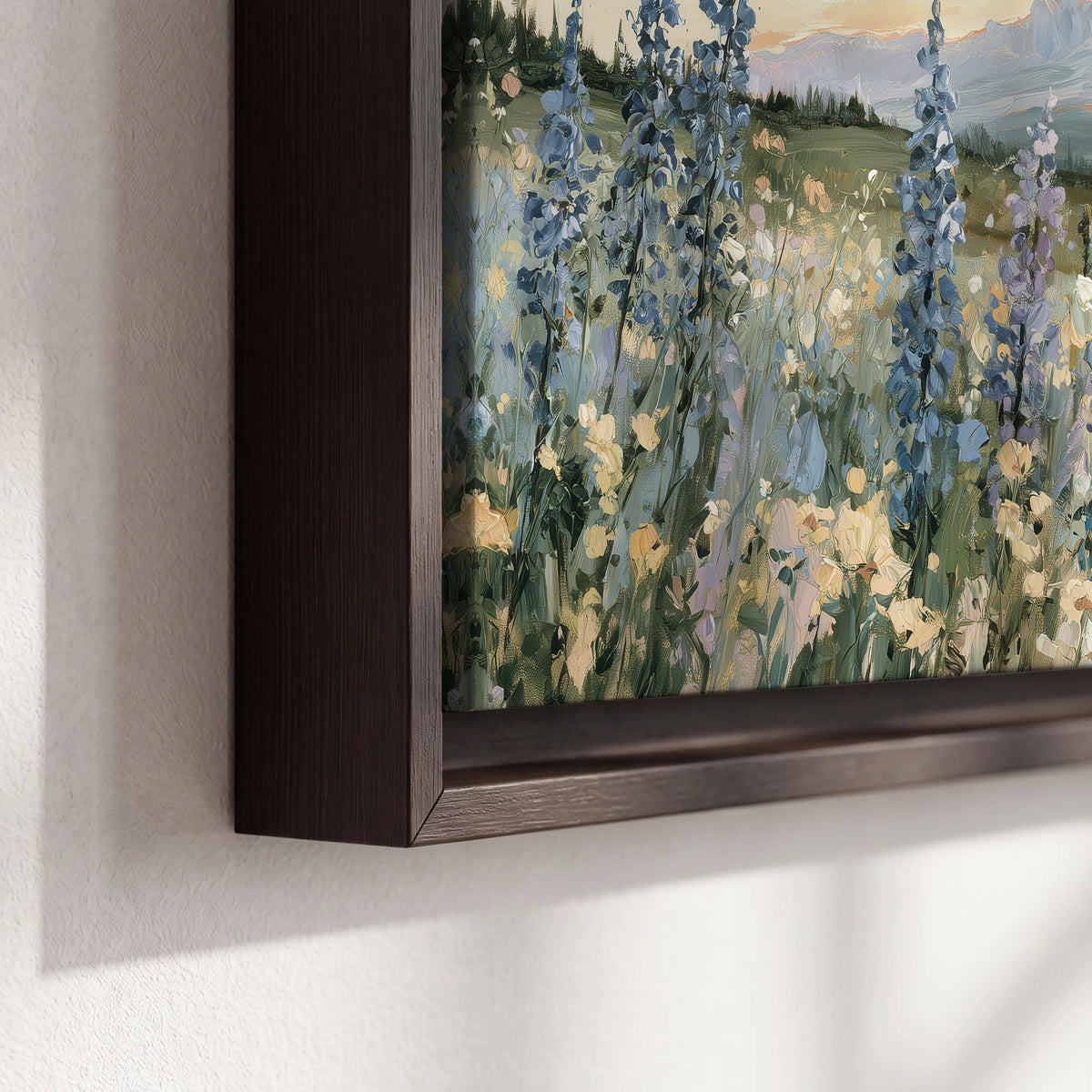 Mountain wildflower valley painting framed canvas close-up showing the floating frame