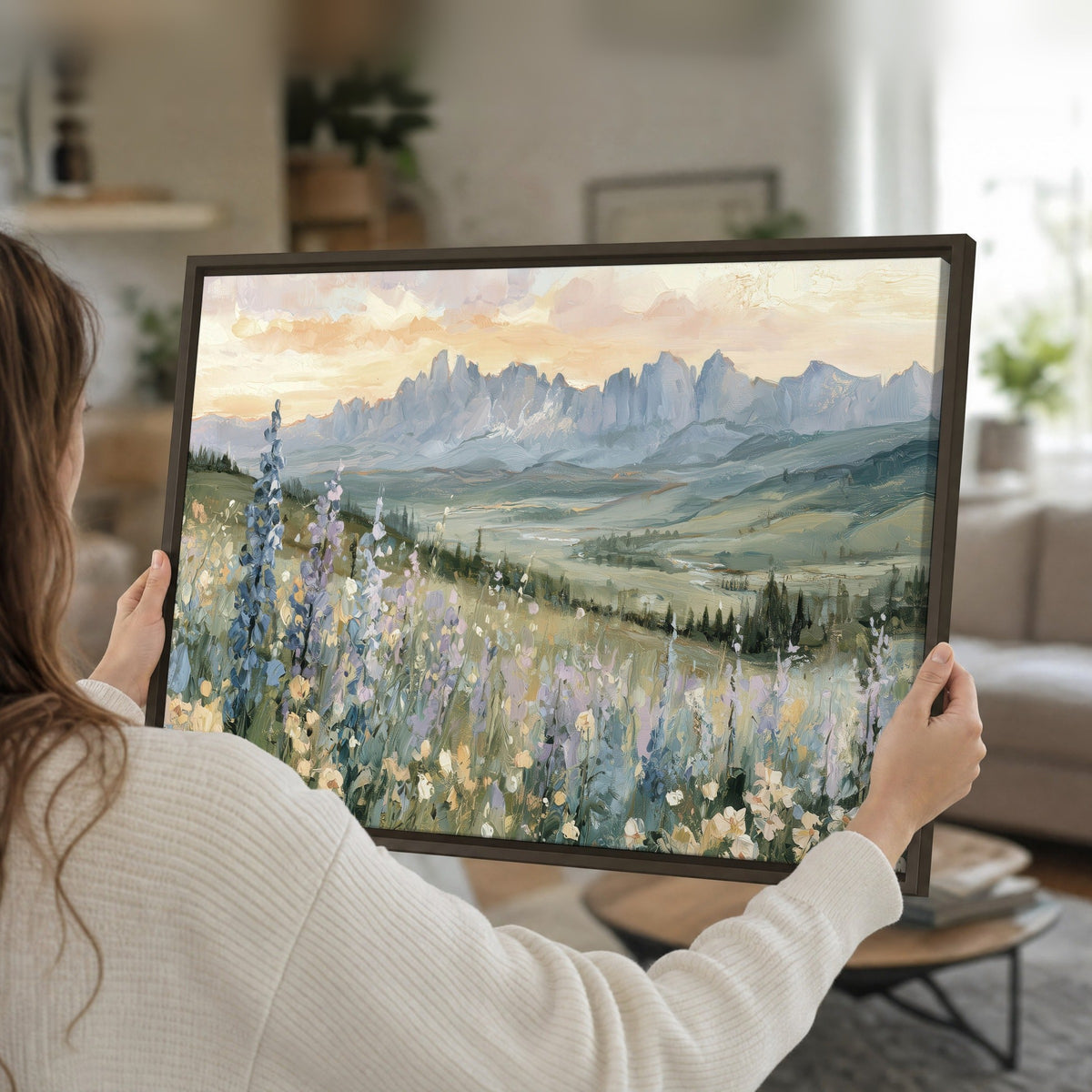Mountain wildflower valley painting framed canvas held in hands