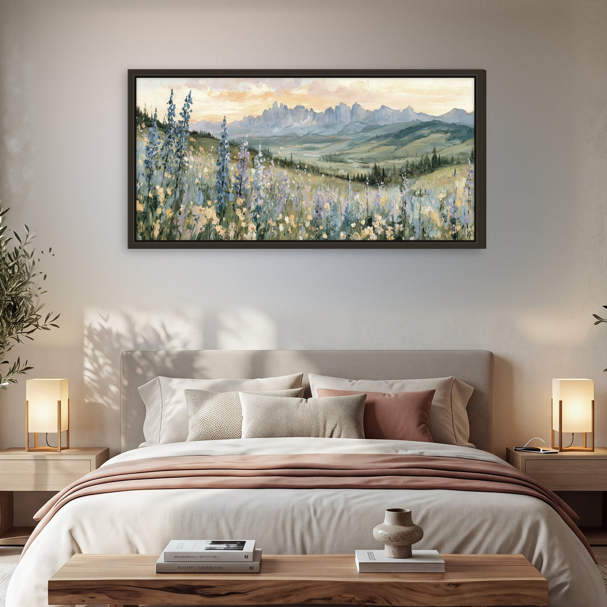 Mountain wildflower valley painting framed canvas wall art in a bedroom above the bed