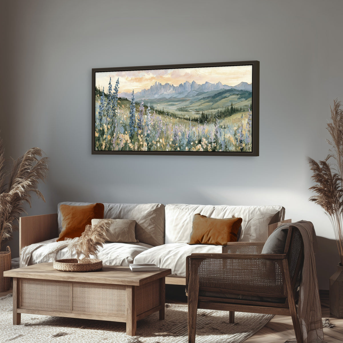 Mountain wildflower valley painting framed canvas wall art in a rustic living room