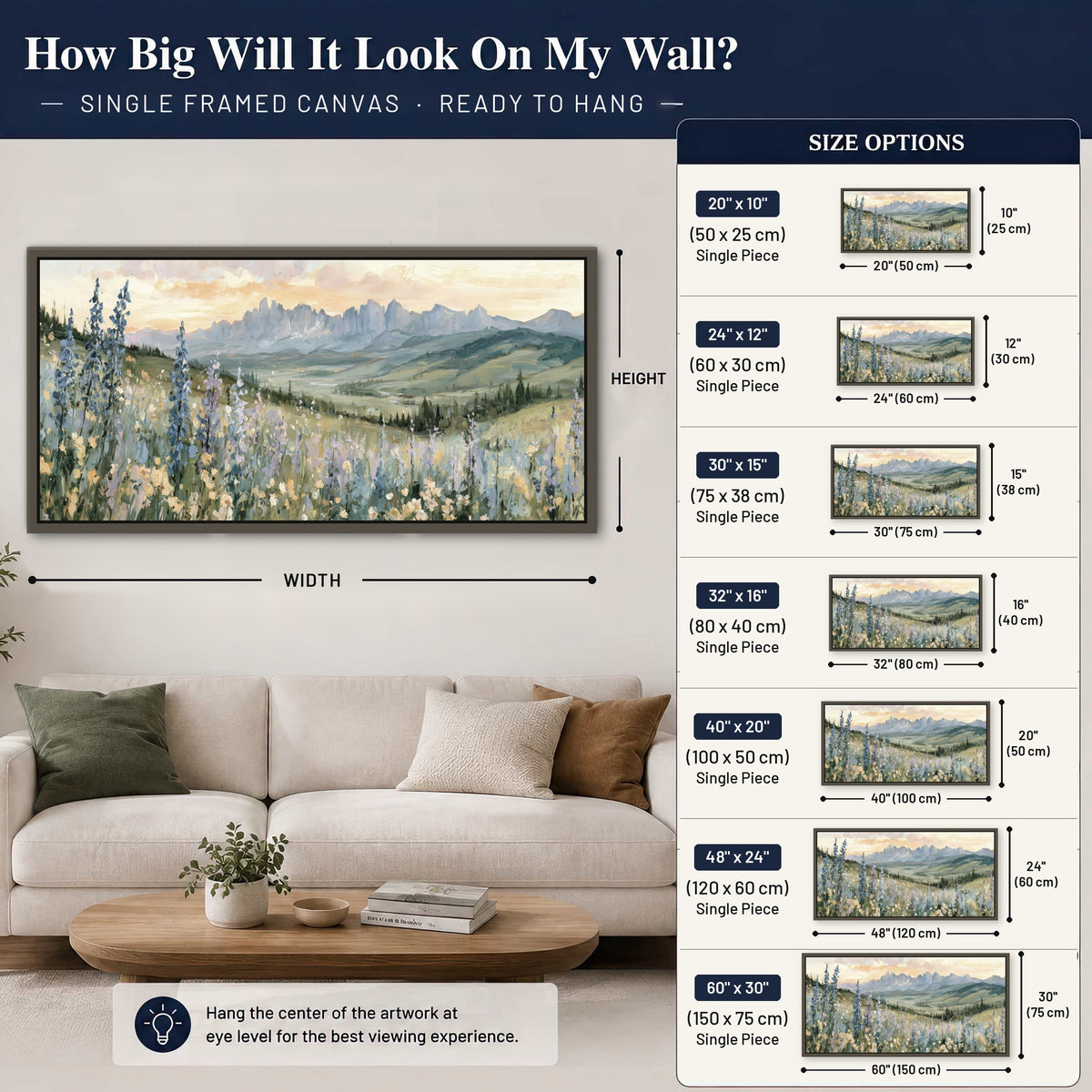 Mountain wildflower valley painting framed canvas wall art size guide above a sofa