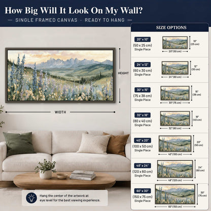 Mountain wildflower valley painting framed canvas wall art size guide above a sofa