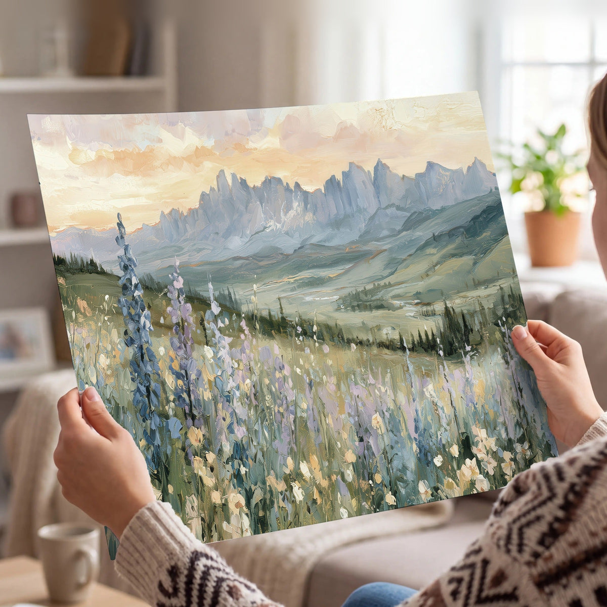 Mountain wildflower valley painting poster print held in hands