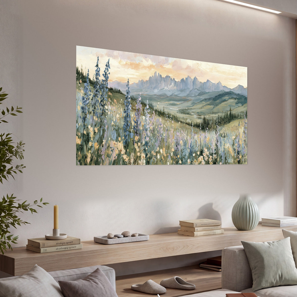 Mountain wildflower valley painting poster print in a living room above a console