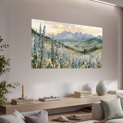 Mountain wildflower valley painting poster print in a living room above a console