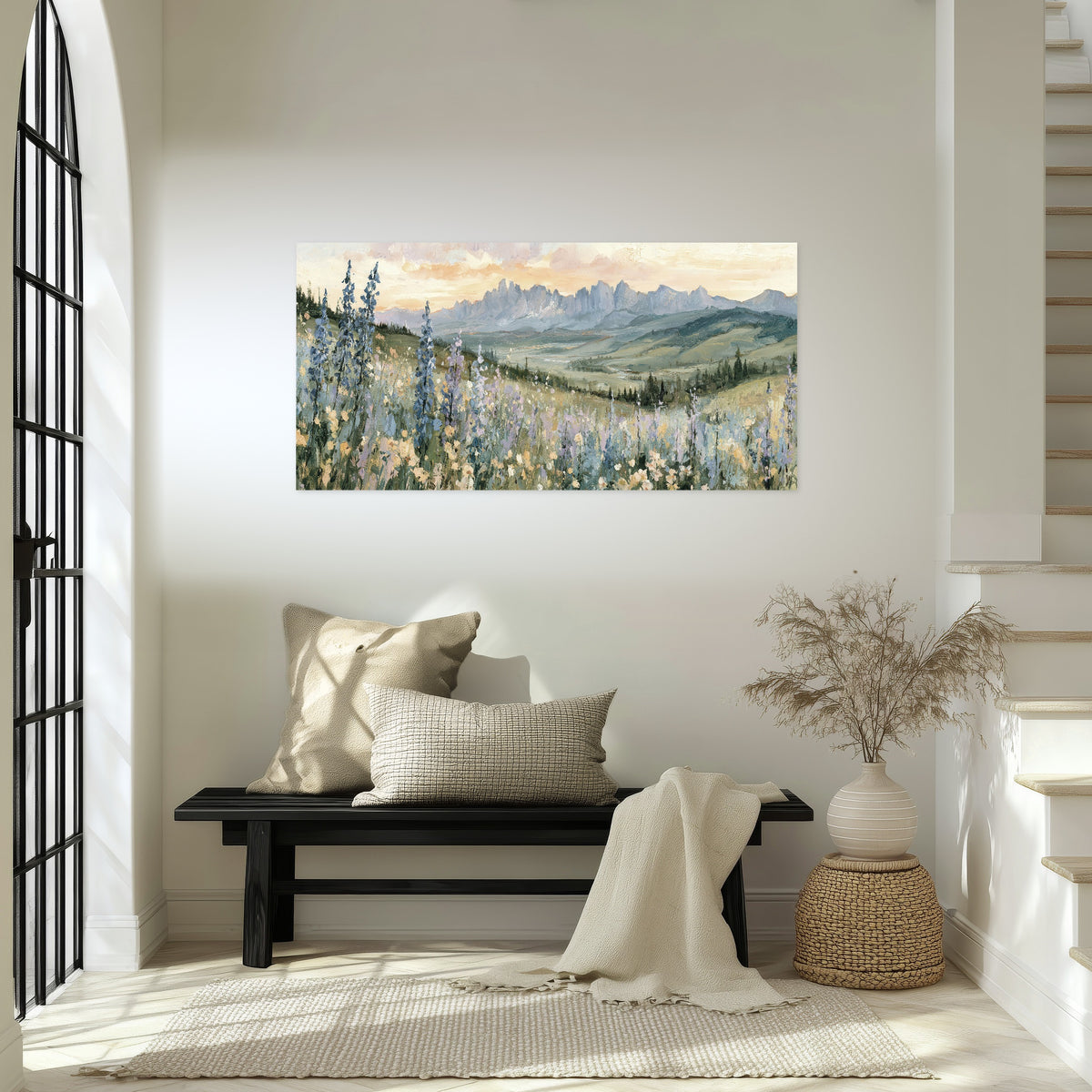 Mountain wildflower valley painting poster print in an entryway above a bench