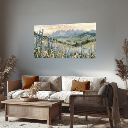 Mountain wildflower valley painting poster print in a rustic living room