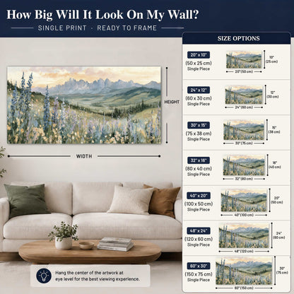 Mountain wildflower valley painting poster print size guide above a sofa