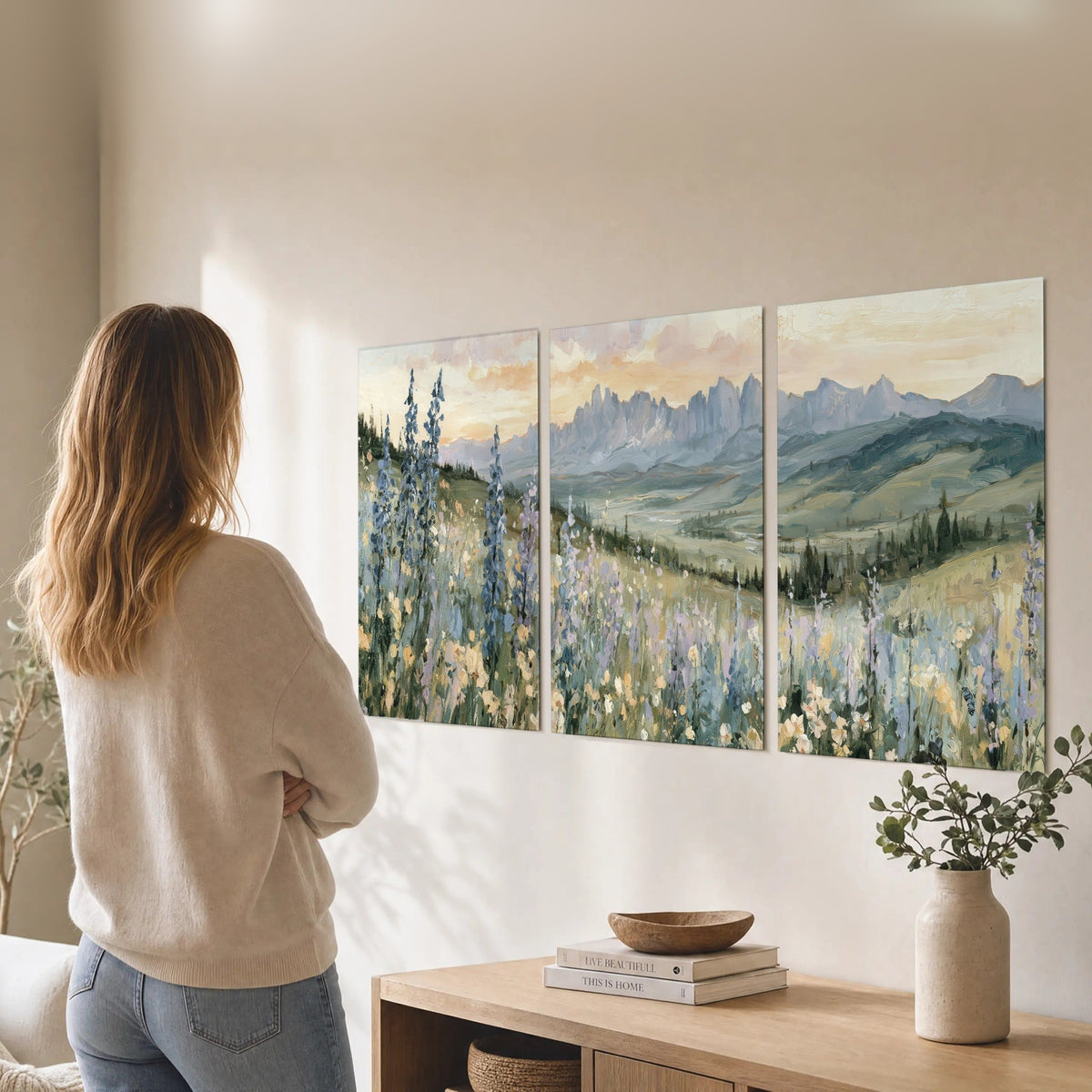 Mountain wildflower valley painting set of 3 poster prints in a living room