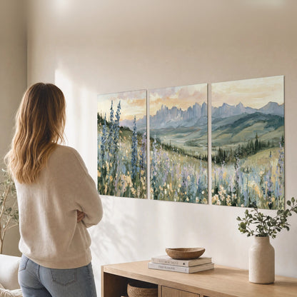 Mountain wildflower valley painting set of 3 poster prints in a living room
