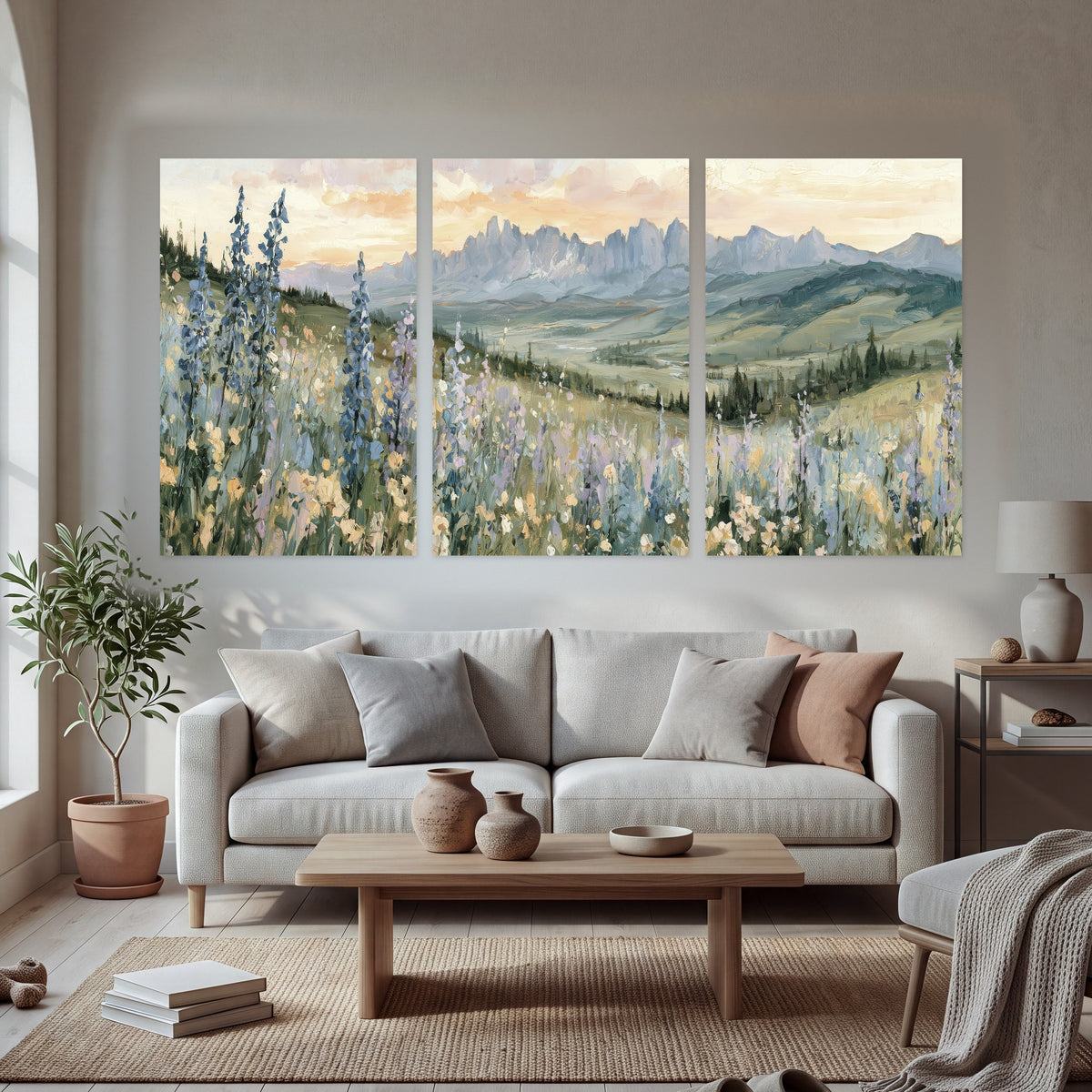 Mountain wildflower valley painting set of 3 poster prints in a bright living room