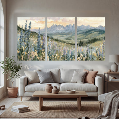 Mountain wildflower valley painting set of 3 poster prints in a bright living room