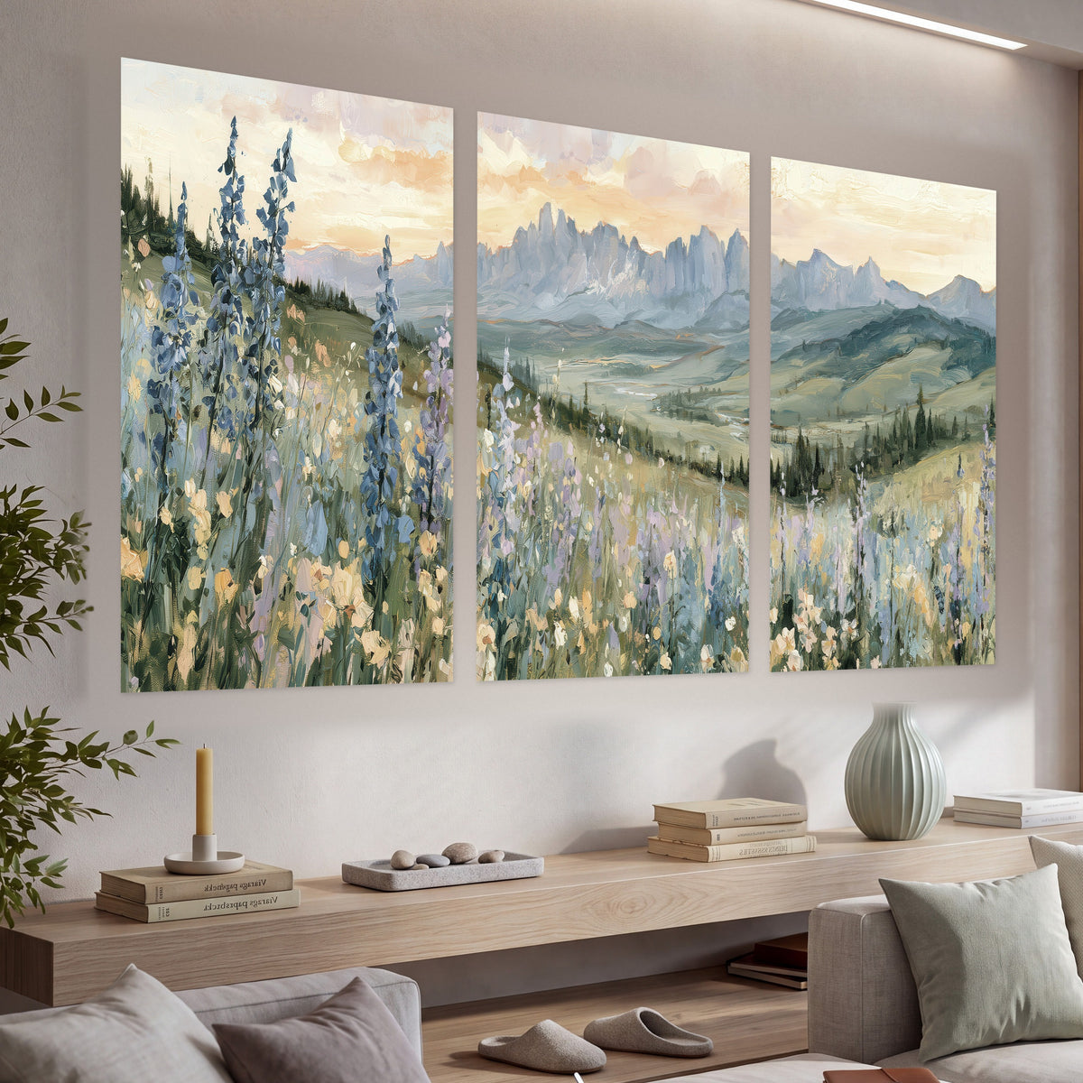 Mountain wildflower valley painting set of 3 poster prints in a living room above a console