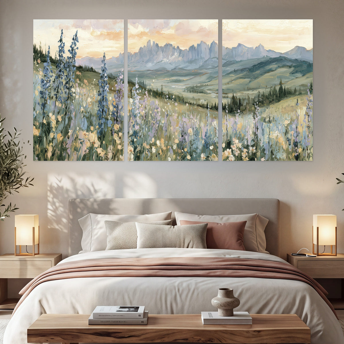 Mountain wildflower valley painting set of 3 poster prints in a bedroom above the bed