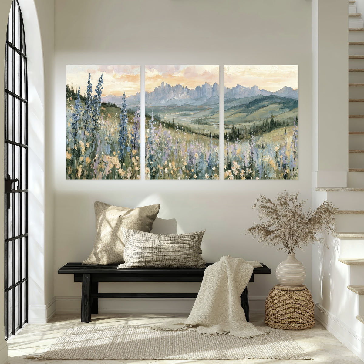 Mountain wildflower valley painting set of 3 poster prints in an entryway above a bench