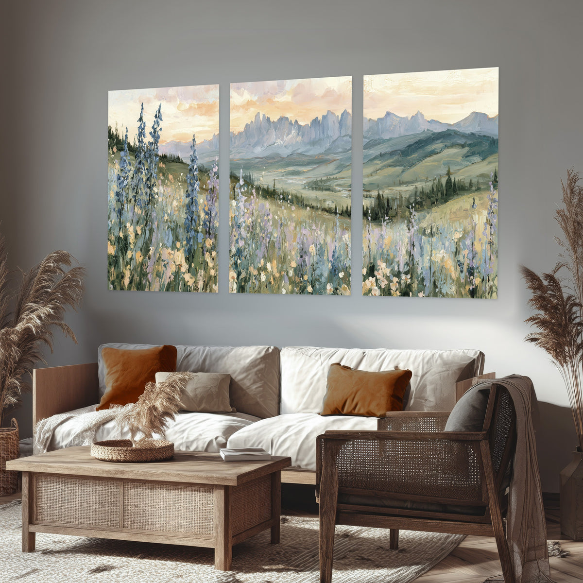 Mountain wildflower valley painting set of 3 poster prints in a rustic living room