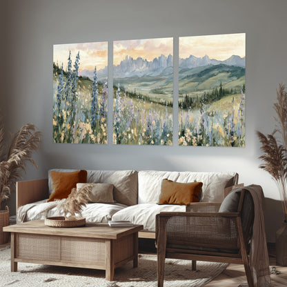 Mountain wildflower valley painting set of 3 poster prints in a rustic living room